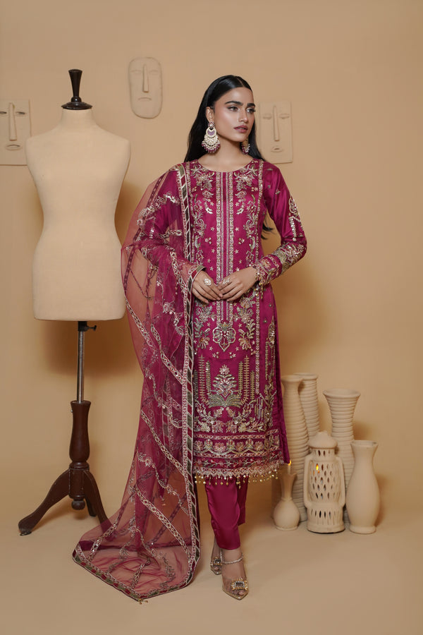 AZ-07 Luxurious Magenta Embroidered 3-Piece